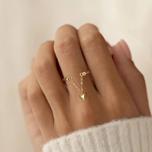 Elegant gold heart tassel chain ring with s925 silver adjustable band for women