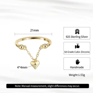 Gold s925 silver adjustable heart tassel ring with 5A zircon dimensions 21mm