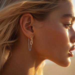 French style silver drop earrings with gold and silver mixed chain link design