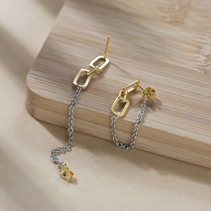 Detail of silver tassel chain earrings with gold rectangular links on a wooden display