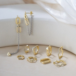 Detailed view of S925 sterling silver gold earrings with chain tassels and crystal accents