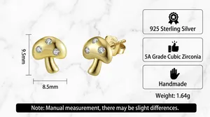 925 sterling silver mushroom stud earrings with gold plating and 5A cubic zirconia stones