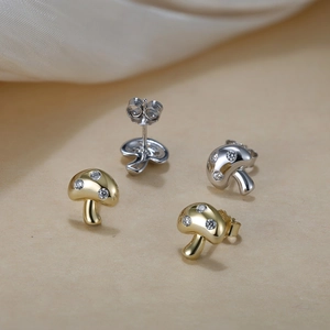 French vintage 925 sterling silver mushroom stud earrings with cubic zirconia stones