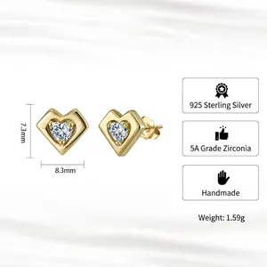 Elegant s925 silver heart stud earrings with 5A cubic zirconia stones and S925 stamp