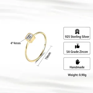 Handmade S925 sterling silver ring with square 5A zircon on white wavy background
