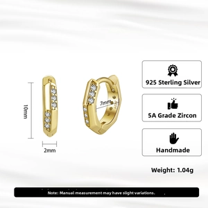 Detail view of gold S925 sterling silver hoop earrings with size dimensions and 5A cubic zirconia