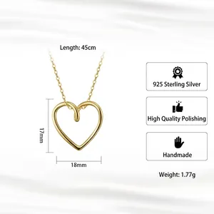 Collier cœur en argent 925 doré avec chaîne de 45cm et pendentif creux 17x18mm