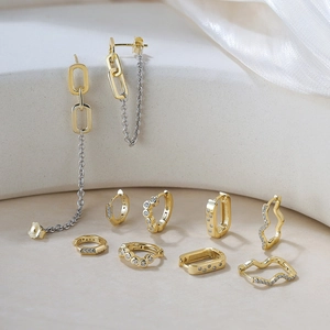 Detail of 18K gold plated S925 silver earring set with sparkling zircon stones