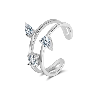 Bague ouverte en argent sterling S925 avec doubles lignes et zircon poire