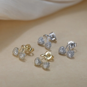 Sparkling S925 sterling silver cherry stud earrings with cubic zirconia stones and leaves