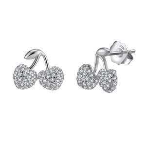 Sparkling S925 sterling silver cherry stud earrings with cubic zirconia pave stones