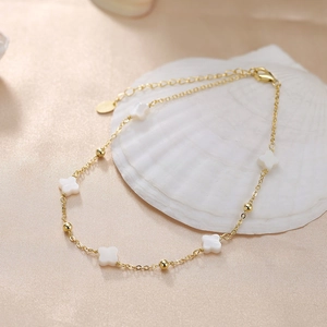 925 Sterlingsilber Vierblättriges Kleeblatt Fußkettchen Für Damen Natürliche Perlmutt Gold Vergoldet Verstellbarer Schmuck