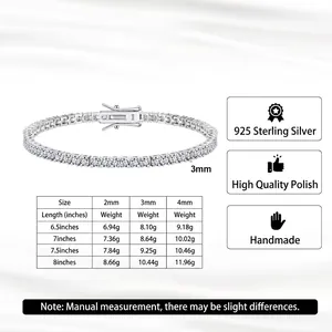 S925 sterling silver moissanite tennis bracelet size chart and product specifications