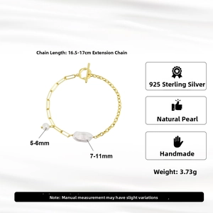 Detail of S925 sterling silver chain bracelet with natural baroque pearls and OT clasp