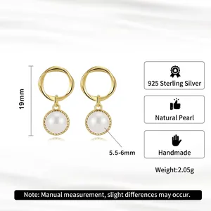 S925 Sterling Silver 5.5mm Natural Pearl Twist Earrings in Geometric Hollow Design