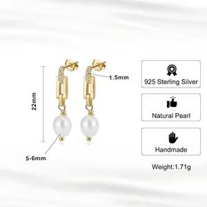 Elegant 925 sterling silver drop earrings with natural pearls and cubic zirconia