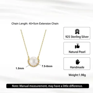 Handmade 925 sterling silver smile necklace with 8mm natural pearls on gold chain