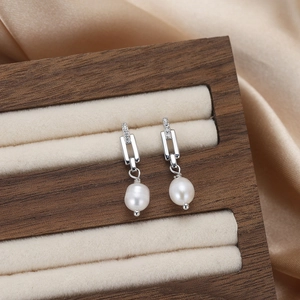 Elegant S925 sterling silver drop earrings with 5A zircon and white pearls on silk