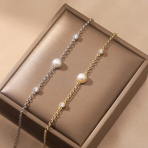 Minimalist freshwater pearl bubble bracelets in silver and gold with sparkling stones
