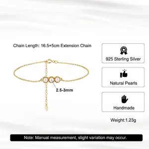 Minimalist gold S925 silver bracelet with triple pearls and adjustable chain extender
