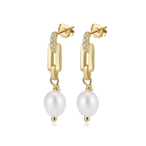 Close-up of S925 sterling silver pearl drop earrings with sparkling zircon accents