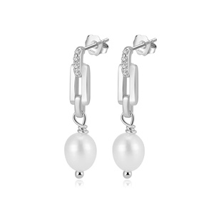 Macro shot of S925 sterling silver drop earrings with zircons and teardrop pearls