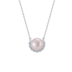 Detail of elegant pearl necklace with smile shaped crystal pendant and silver chain