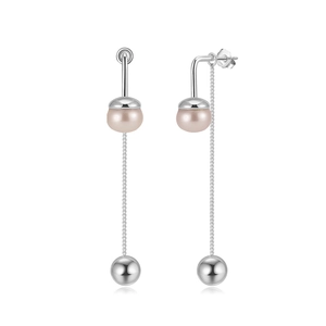 Detailed close-up of S925 sterling silver stamp on pink pearl tassel drop earrings
