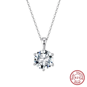 Close-up of classic six-prong 925 sterling silver necklace with bright round zircon