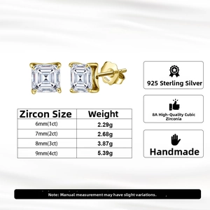 Size chart for S925 silver square zircon stud earrings from 6mm to 9mm