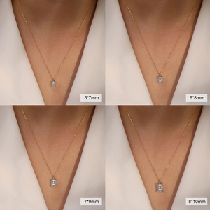 S925 silver gold chain necklace with emerald cut zircon pendant in four sizes