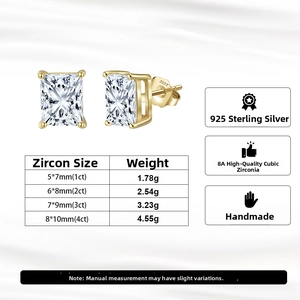 Detailed chart for 925 silver square CZ earrings showing sizes from 1ct to 4ct