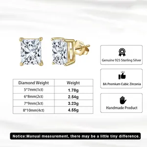 Size guide for 925 silver square princess cut earrings with cubic zirconia specs