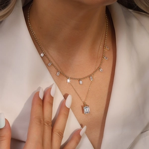S925 silver double-layer gold necklace set featuring emerald cut zircon sugar cube pendants