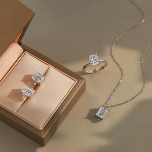 Emerald cut S925 sterling silver jewelry set including necklace, ring and earrings