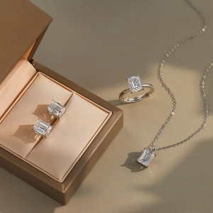 Emerald cut cubic zirconia jewelry set with necklace, earrings and adjustable ring