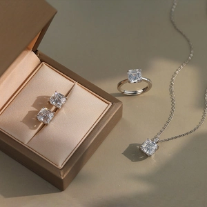 Elegant S925 sterling silver jewelry set with square zircon necklace, ring and earrings