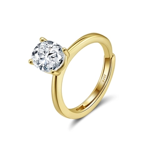 Luxurious S925 sterling silver gold plated ring with oval zircon and adjustable open band