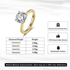 Detail of four-prong gold finish silver ring with 8A cubic zirconia and size chart