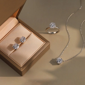 Exquisite S925 silver moissanite jewelry set with round cut ring, necklace and earrings