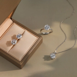 Detailed set of S925 silver moissanite jewelry with classic six-prong setting necklace and ring