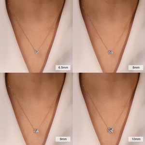 Classic silver single stone necklace showing 6.5mm to 10mm pendant size comparison