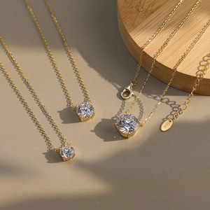 S925 Sterling Silver Pendant Necklace For Women 8A Cubic Zirconia Round Solitaire Minimalist 14K Gold Platinum Plated Chain Jewelry