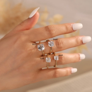 Golden S925 silver rings set featuring square cubic zirconia in 6mm to 9mm sizes
