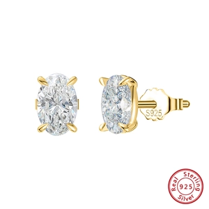 Detailed close-up of S925 sterling silver gold-plated oval zircon stud earrings