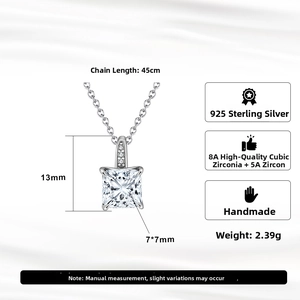 Detail showing 925 sterling silver sugar cube pendant dimensions and 45cm chain specifications