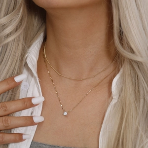 Minimalist S925 sterling silver double-layer gold necklace with a round zircon pendant