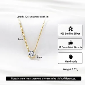 925 Sterling Silver necklace with 5mm 5A Zircon pendant on 40+5cm golden chain