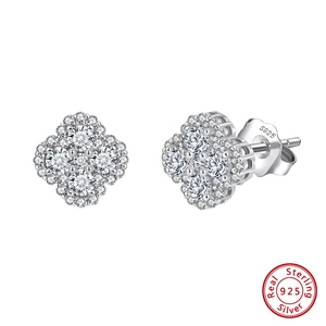 Sparkling S925 sterling silver clover stud earrings with geometric zircon pavé setting