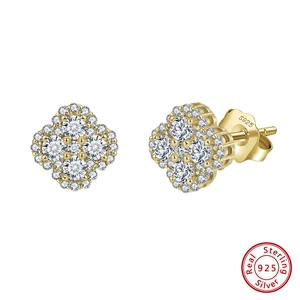925 Sterling Silver Pave Rhinestone Clover Stud Earrings For Women Light Luxury Gold Silver Geometric Flower Earrings Jewelry